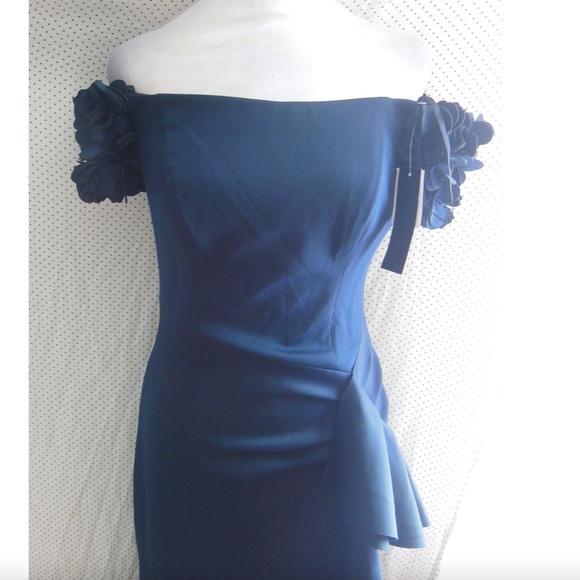 NEW XSCAPE Navy ROSETTE Floral SLEEVE Off The Shoulder RUCHED Scuba Crepe GOWN 6 - Picture 7 of 16